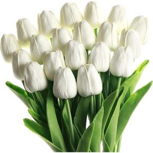 White Artificial Flowers 20 Pcs Faux Tulips PU Real Touch Fake Flowers for Home